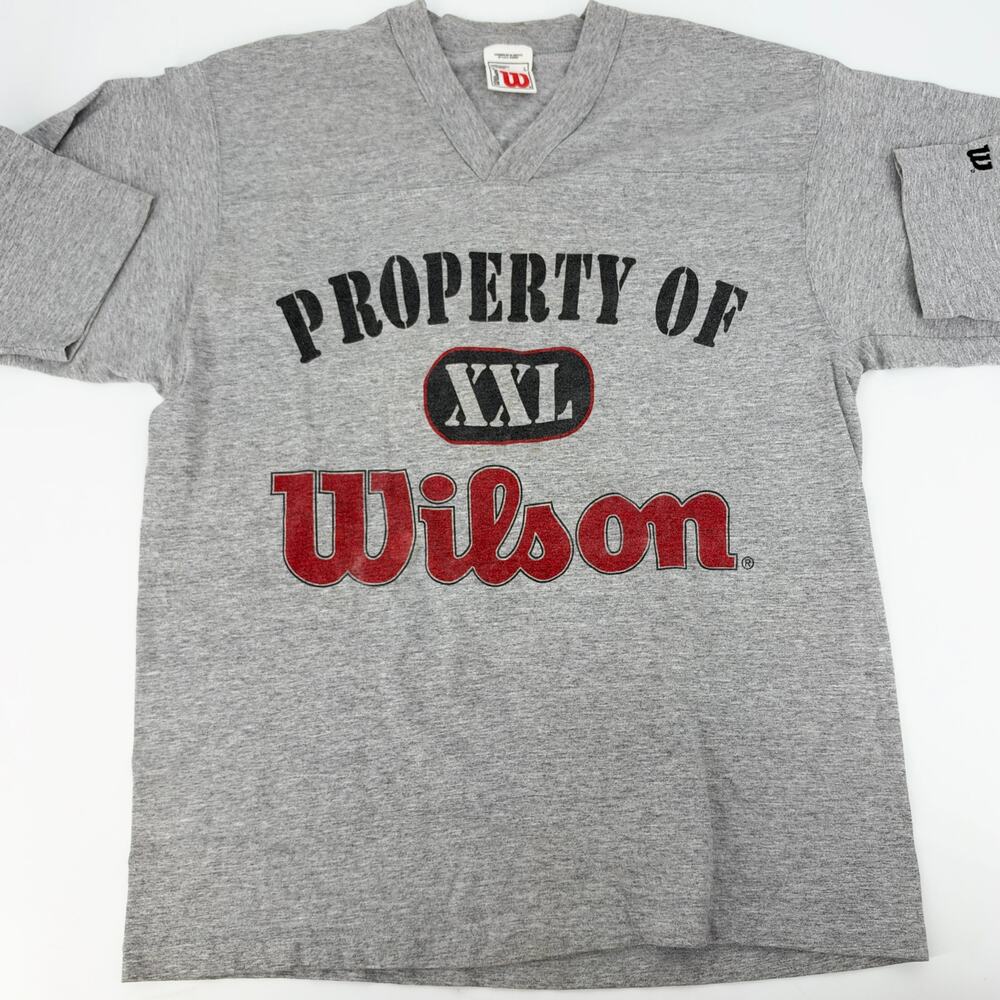 Vintage Wilson ¾ Sleeve V Neck T Shirt Gray Graphic Print Size L Preowned